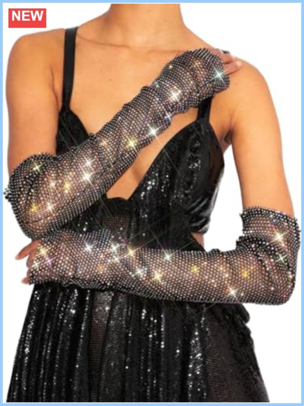Rhinestone Mesh Fingerless Gloves Long Sparkly Bling Rave Costume Gloves